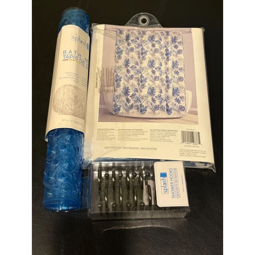 Allure Blue Palm Shower Curtain Splash Bath Mat and Hooks 3pc Bathroom Set NEW